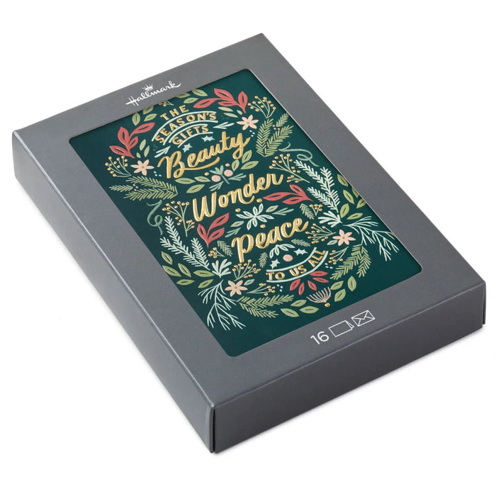 Hallmark The Season's Gifts lettering on green boxed Christmas cards pack of 16 with festive holiday design.