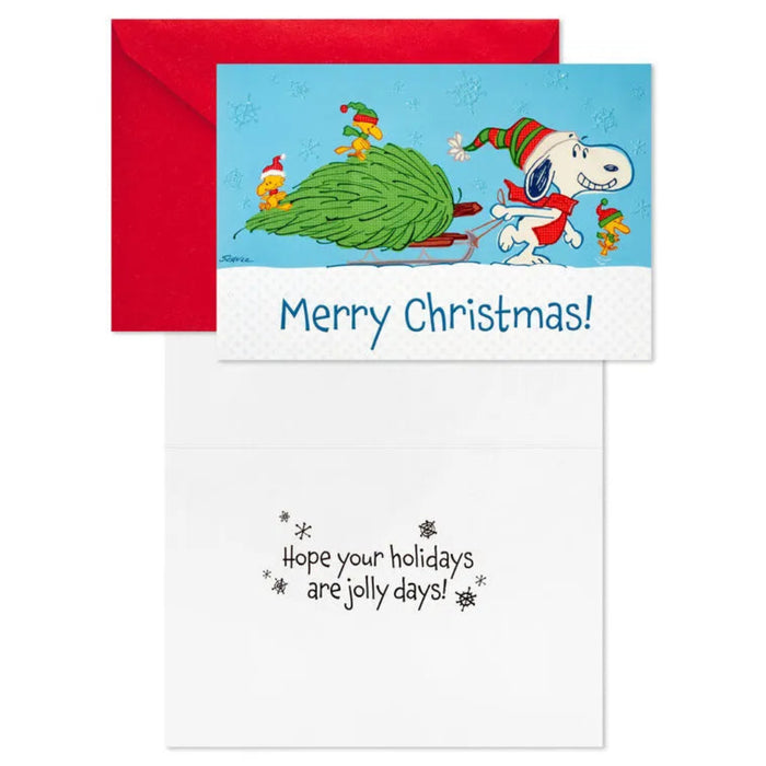 Hallmark Peanuts Snoopy Hauling the Tree boxed Christmas cards, pack of 16, featuring Snoopy and a festive Christmas tree.