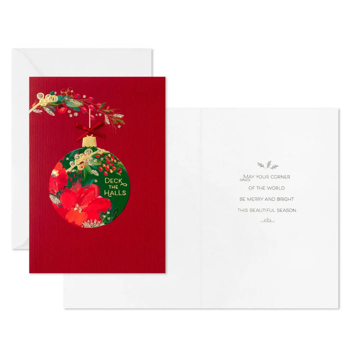 Hallmark floral ornament Christmas cards on red background, pack of 12