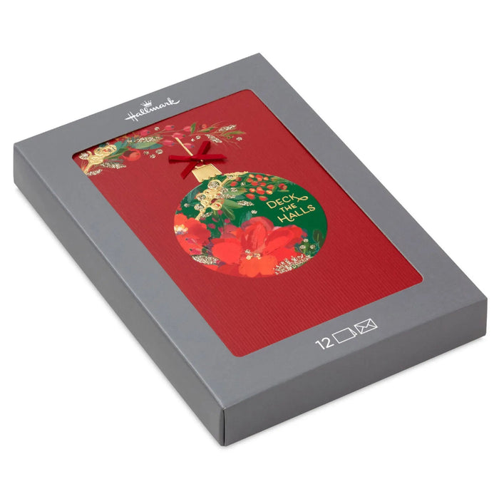 Hallmark floral ornament Christmas cards on red background, pack of 12