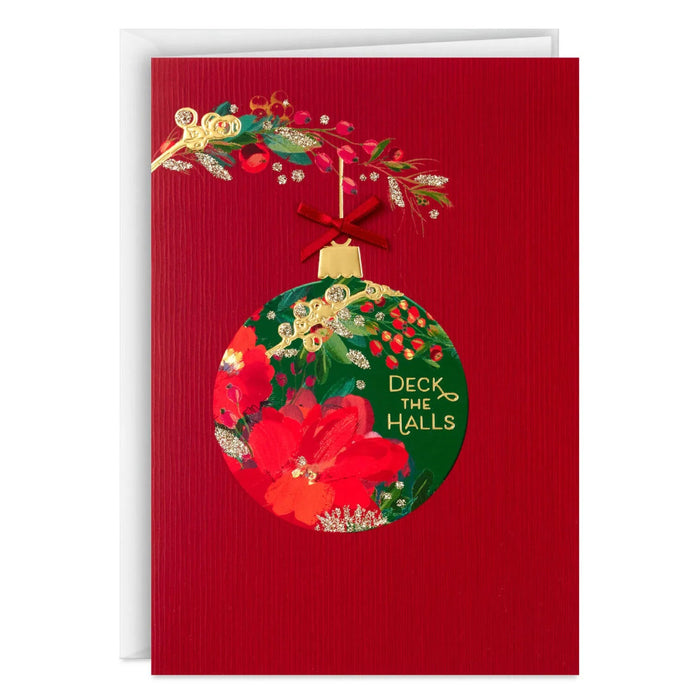 Hallmark floral ornament Christmas cards on red background, pack of 12