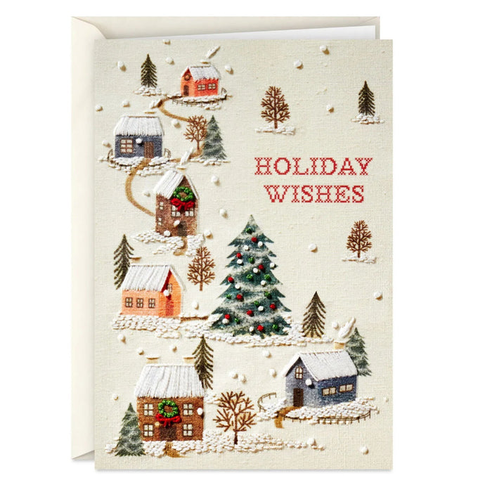 Hallmark Needlepoint Homes and Trees boxed Christmas cards featuring cozy homes and trees in a needlepoint-inspired design, pack of 16