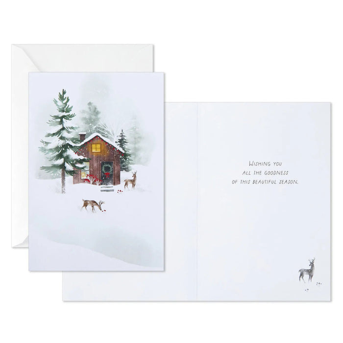 Hallmark Snowy Cabin and Deer Packaged Christmas Cards Set of 5