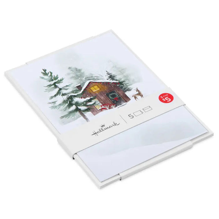 Hallmark Snowy Cabin and Deer Packaged Christmas Cards Set of 5