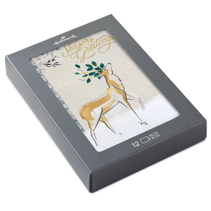 Hallmark Stately Deer in Snow boxed Christmas cards pack of 12 featuring an elegant deer in a peaceful snowy winter scene