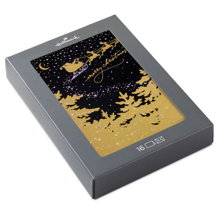 Hallmark Gold Sleigh in Dark Sky boxed Christmas cards, pack of 16