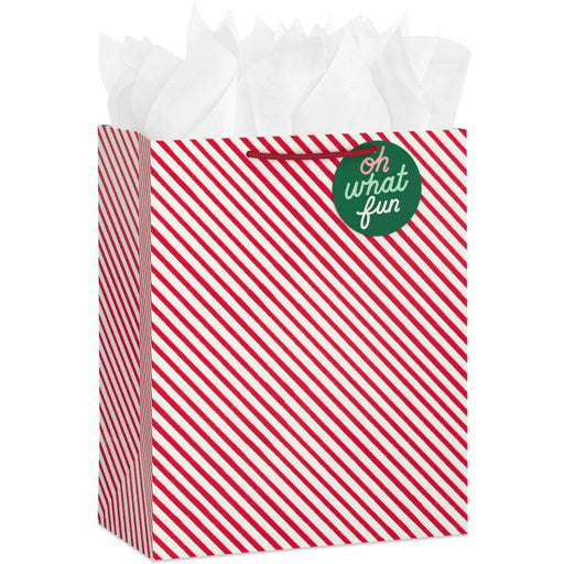 13-inch large red and white diagonal striped Christmas gift bag with tissue paper