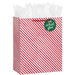 13-inch large red and white diagonal striped Christmas gift bag with tissue paper