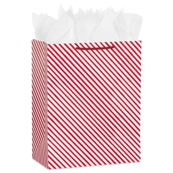 13-inch large red and white diagonal striped Christmas gift bag with tissue paper
