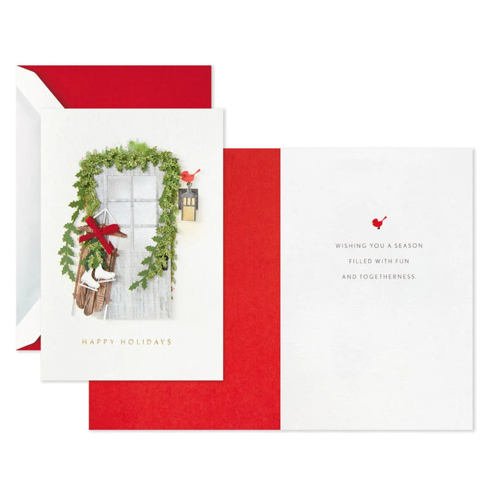Hallmark Christmas cards featuring a wood door with sled and ice skates, pack of 8