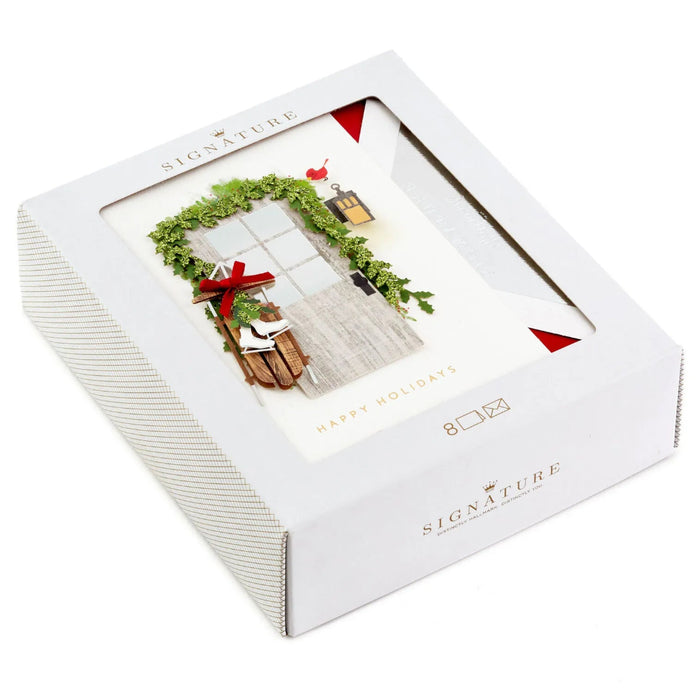 Hallmark Christmas cards featuring a wood door with sled and ice skates, pack of 8