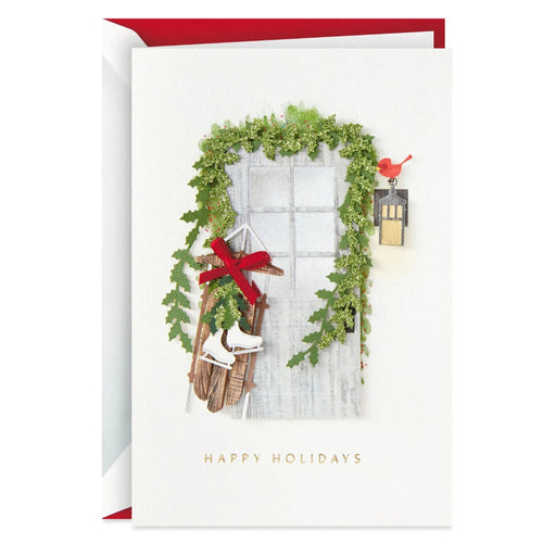 Hallmark Christmas cards featuring a wood door with sled and ice skates, pack of 8