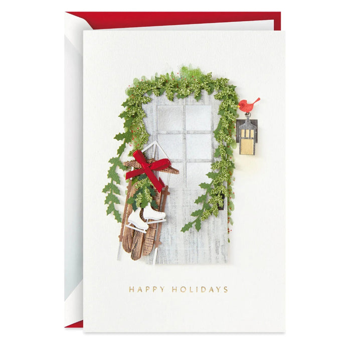 Hallmark Christmas cards featuring a wood door with sled and ice skates, pack of 8