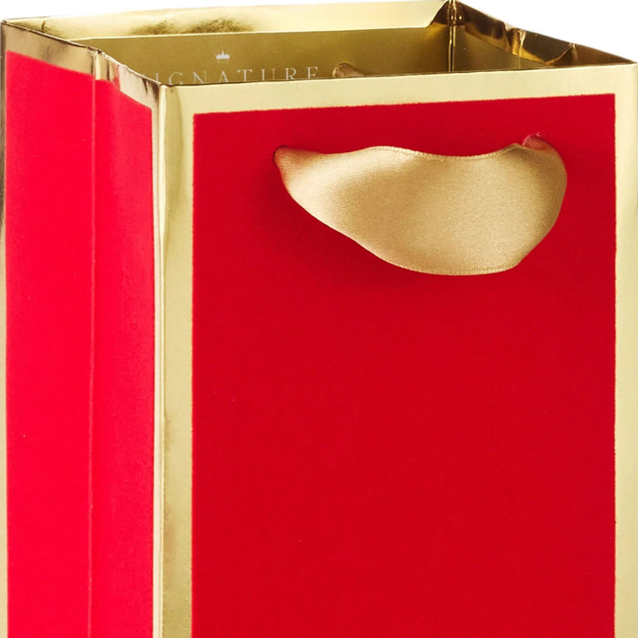 13-inch red flocking and gold foil Christmas wine gift bag for festive bottle gifting