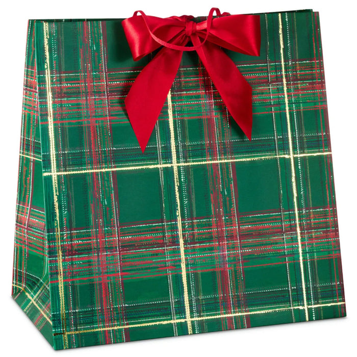 15-inch extra-deep green plaid Christmas gift bag with a decorative red bow
