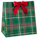 15-inch extra-deep green plaid Christmas gift bag with a decorative red bow