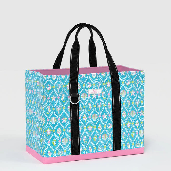 A floral-patterned tote bag in blue and pink hues.