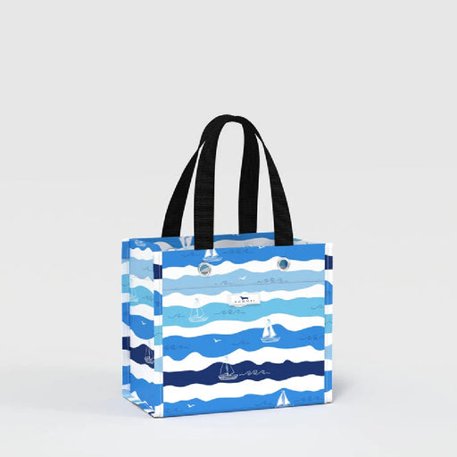 A blue and white striped shopping bag with handles, designed for carrying groceries or personal items.
