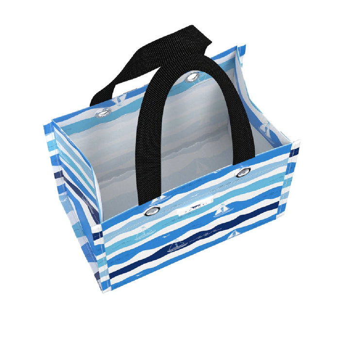 A shopping bag featuring blue and white stripes, suitable for retail use and carrying various items.
