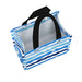 A shopping bag featuring blue and white stripes, suitable for retail use and carrying various items.
