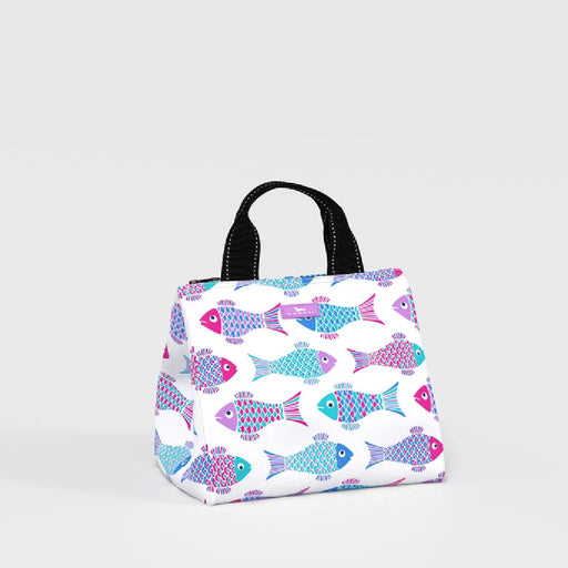 Colorful fish pattern lunch bag featuring a black handle, ideal for carrying meals and snacks.