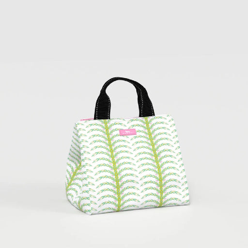 A white lunch bag with a green leaf pattern, showcasing a stylish and eco-friendly design for carrying meals.