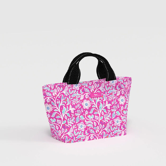 A tote bag featuring a vibrant pink and blue floral pattern, ideal for casual outings or shopping trips.