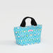 A small blue lunch bag featuring a vibrant, colorful pattern.
