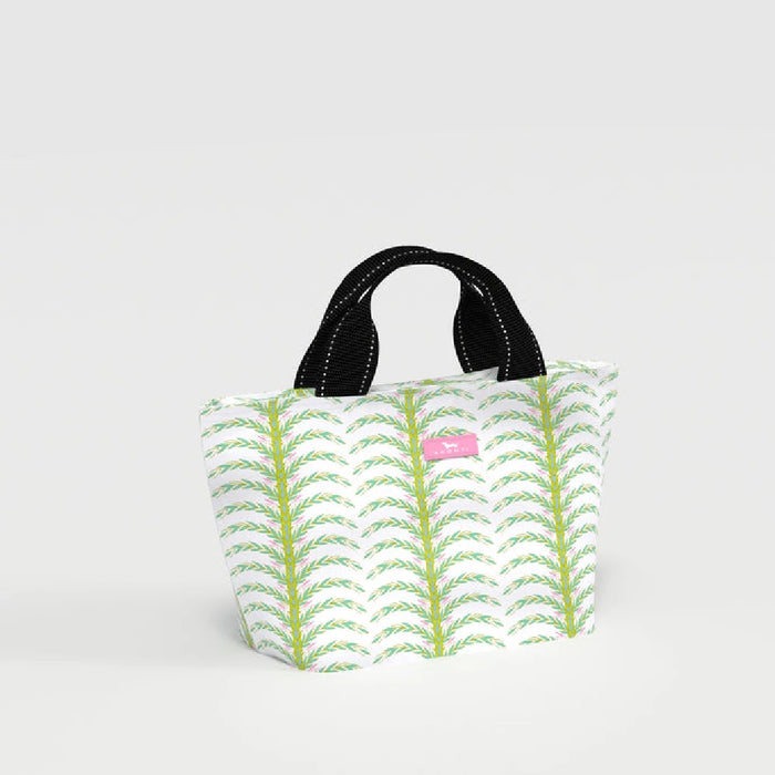A white tote bag adorned with green leaves, emphasizing a fresh and botanical aesthetic.