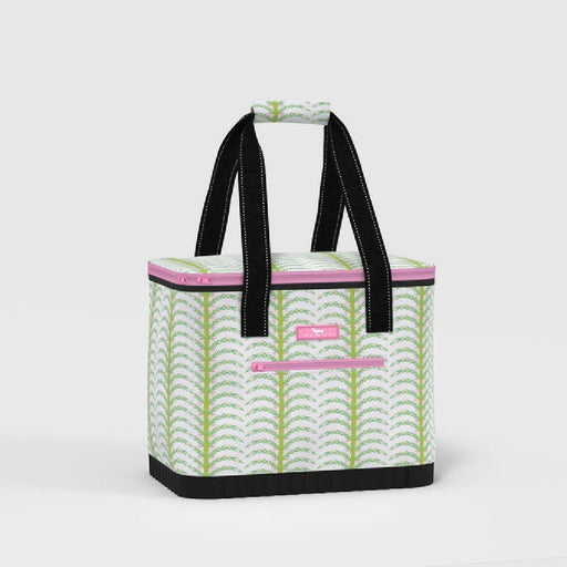 A stylish lunch bag featuring a white and pink color scheme, decorated with green leaves for a fresh look.