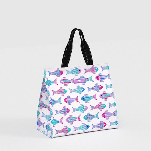 A tote bag featuring a white background with a blue fish pattern throughout its surface.