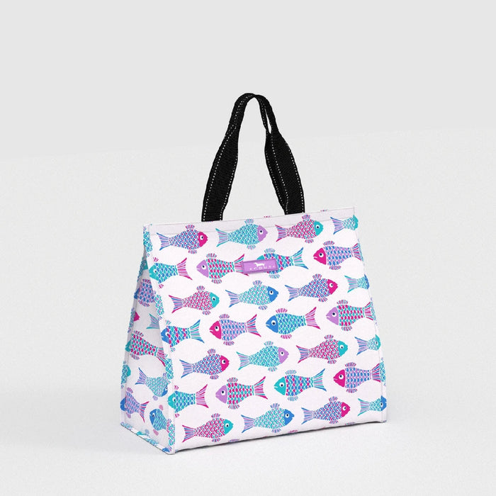 A tote bag featuring a white background with a blue fish pattern throughout its surface.