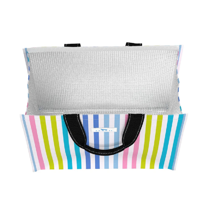 A colorful shopping bag with bold stripes and black handles, perfect for carrying groceries or personal items.