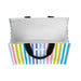 A colorful shopping bag with bold stripes and black handles, perfect for carrying groceries or personal items.