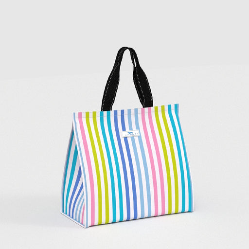 A vibrant striped shopping bag featuring black handles, showcasing a mix of colors in a stylish design.