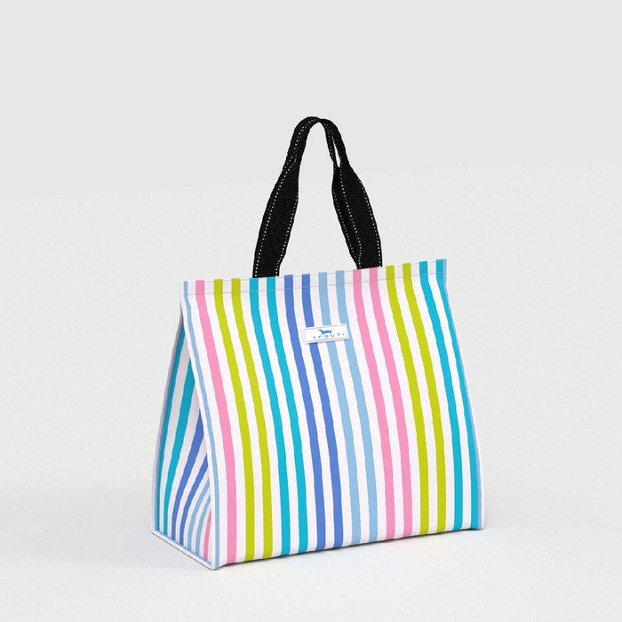 A vibrant striped shopping bag featuring black handles, showcasing a mix of colors in a stylish design.