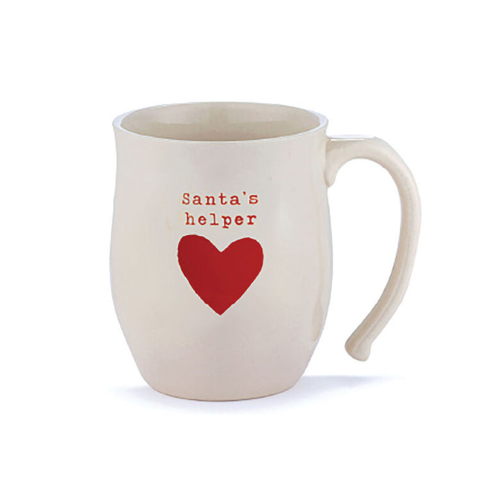 Beige mug with red heart and 'Santa's helper' text on a white background