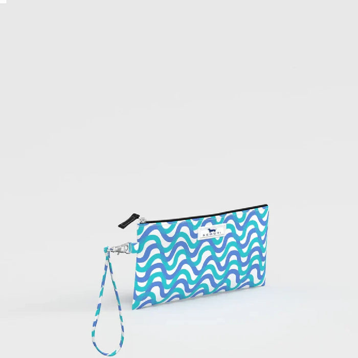 A blue and white wristlet bag featuring a wavy pattern, ideal for carrying small essentials stylishly.