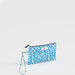 A blue and white wristlet bag featuring a wavy pattern, ideal for carrying small essentials stylishly.