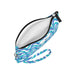 A stylish wristlet bag with a blue and white wavy design, perfect for holding essentials on the go.