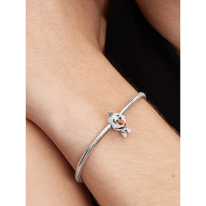 Pandora snake chain bracelet showcasing the Olaf charm as the centerpiece.