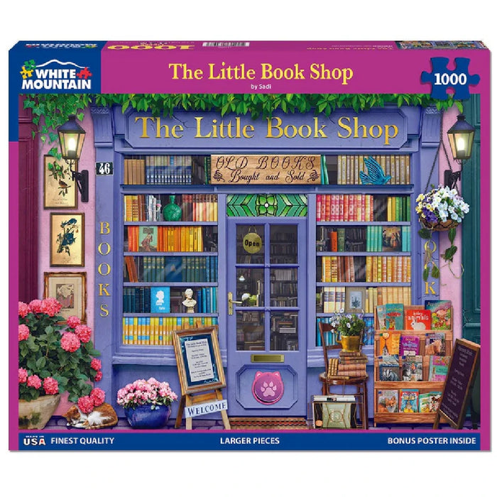 A detailed 1000-piece jigsaw puzzle depicting a quaint little bookshop filled with books and inviting atmosphere.