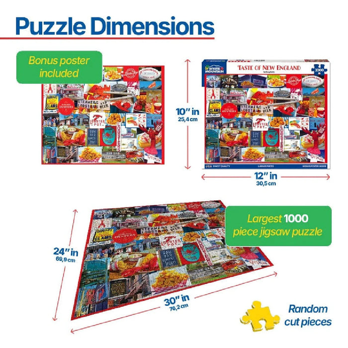 Jigsaw puzzle with 1000 pieces, illustrating the picturesque scenery and landmarks of New England.