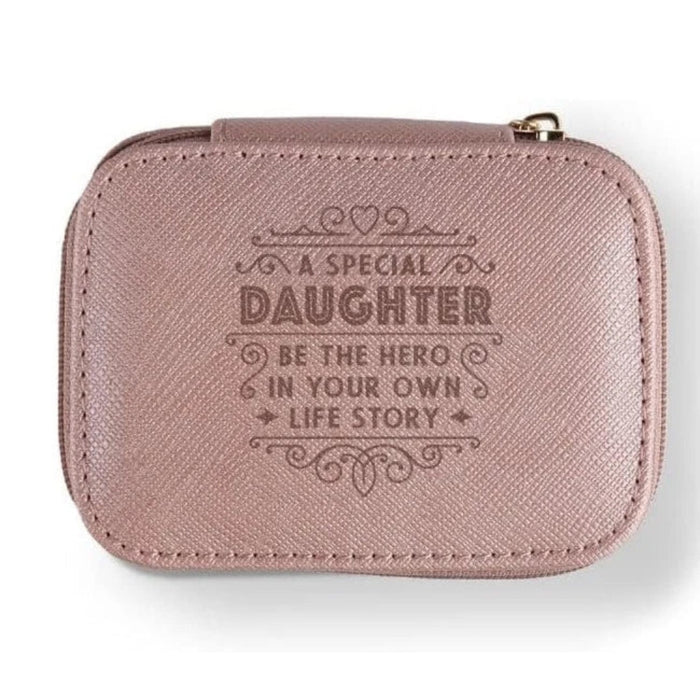 Pink travel jewellery box for daughter with secure zip closure, elegant design, and sentimental daughter message for jewellery storage and travel.