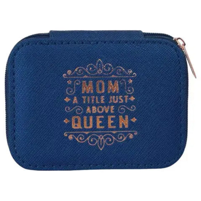 H & H Gifts Mom A Title Just Above Queen travel jewellery box with metallic finish, secure zip closure, ring holder, compartments, and inspirational sentiment.