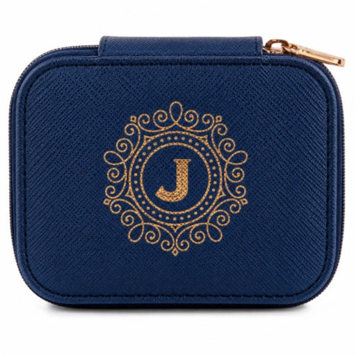 Personalised jewellery box featuring an elegant "J" initial monogram on a premium textured finish with a secure zip closure for stylish jewellery storage.
