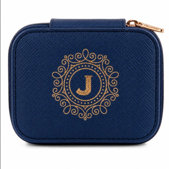 Personalised jewellery box featuring an elegant "J" initial monogram on a premium textured finish with a secure zip closure for stylish jewellery storage.