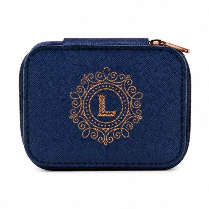 This H & H Gifts Personalised Blue Travel Jewelry Box features a beautiful “L” design on a rich midnight blue finish.