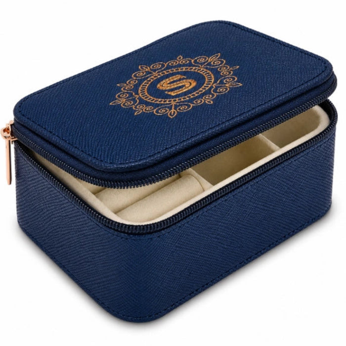 Personalised jewellery box featuring an elegant "S" initial monogram on a premium textured finish with a secure zip closure for stylish jewellery 