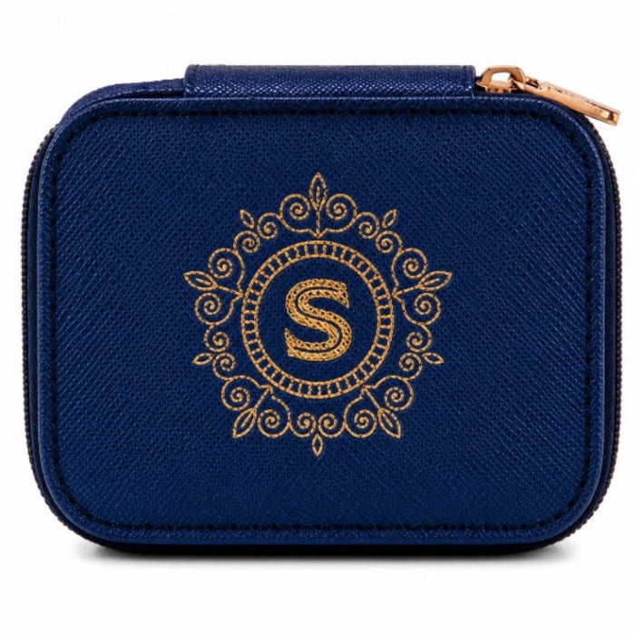 Personalised jewellery box featuring an elegant "S" initial monogram on a premium textured finish with a secure zip closure for stylish jewellery storage.